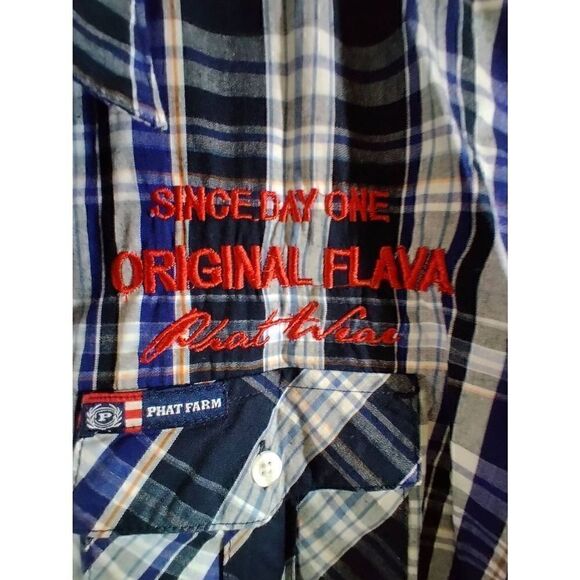 Vintage Phat Farm 3X Plaid Collar Short Sleeve Shirt Blue Red Original Flava Cot - Picture 7 of 8